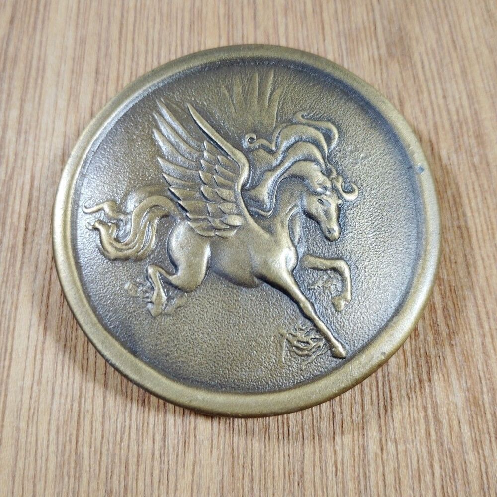 Vintage 1976 Unicorn Brass Belt Buckle Indiana Metal Craft Dege Design Magical